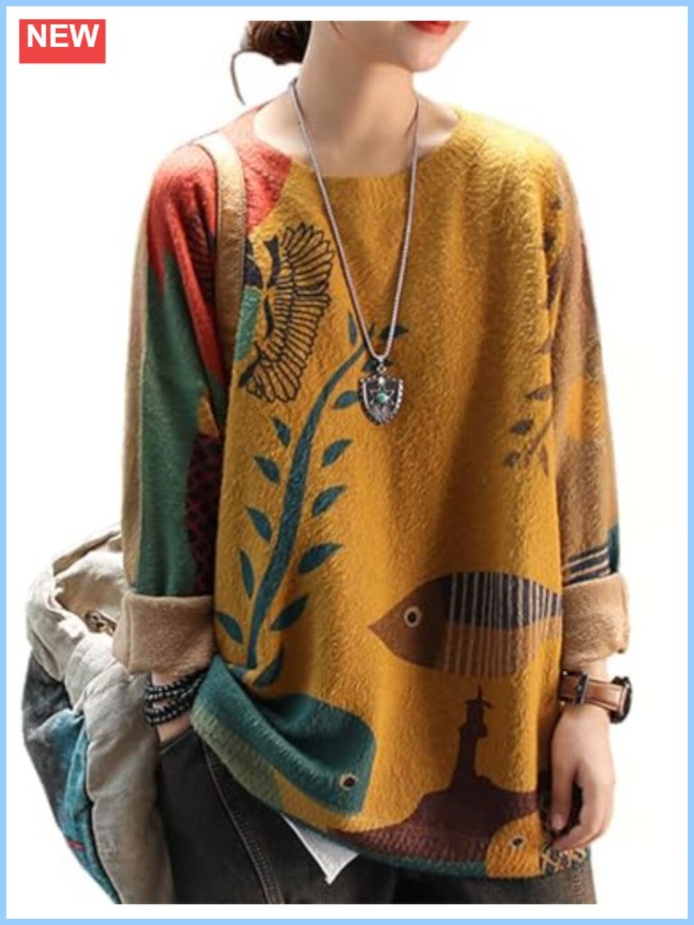 Oversized Graphic Cat Print Knit Pullover Sweater Women Cotton Wool Crewneck
